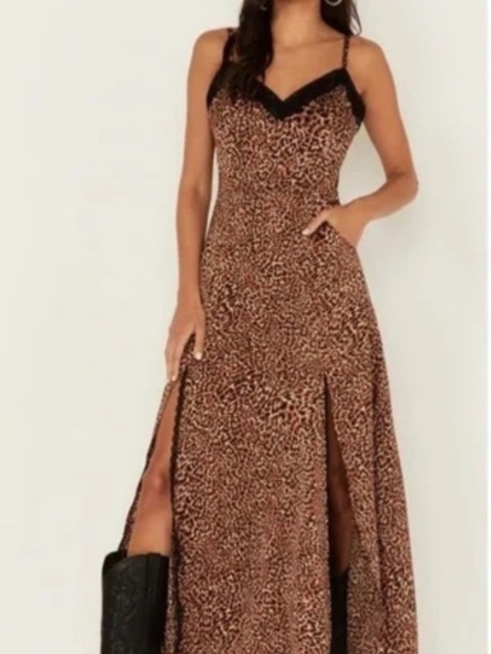 Idyllwind Alexandria Leopard-Print Maxi Dress with Lace, Fronts Slits & Pockets